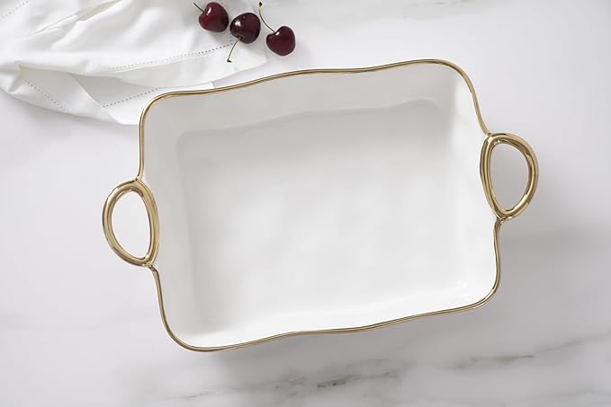 Pampa Bay Porcelain Rectangular Baking Dish, Golden Handles