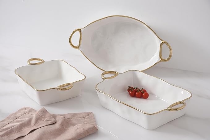 Pampa Bay Porcelain Rectangular Baking Dish, Golden Handles