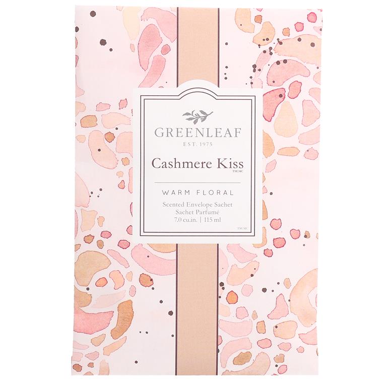 Greenleaf Cashmere Kiss large sachet with warm peach and beige abstract patterns and subtle florals, displayed on a white background.