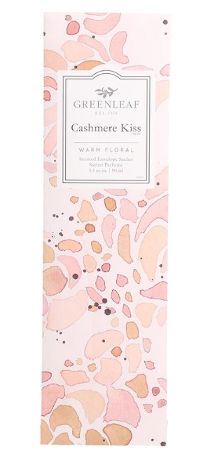 Greenleaf Cashmere Kiss slim sachet in a blush pink packet with elegant floral designs on a white background.