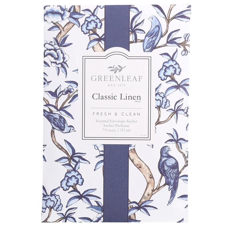 Greenleaf Classic Linen large sachet with a clean, soft blue and white pattern that evokes fresh laundry and crisp air, displayed on a white background.