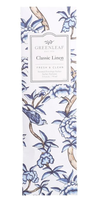 Greenleaf Classic Linen slim sachet with a soft blue and white floral design on a white background.