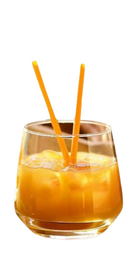 Clear water glass, filled halfway with orange drink, displayed on a white background.