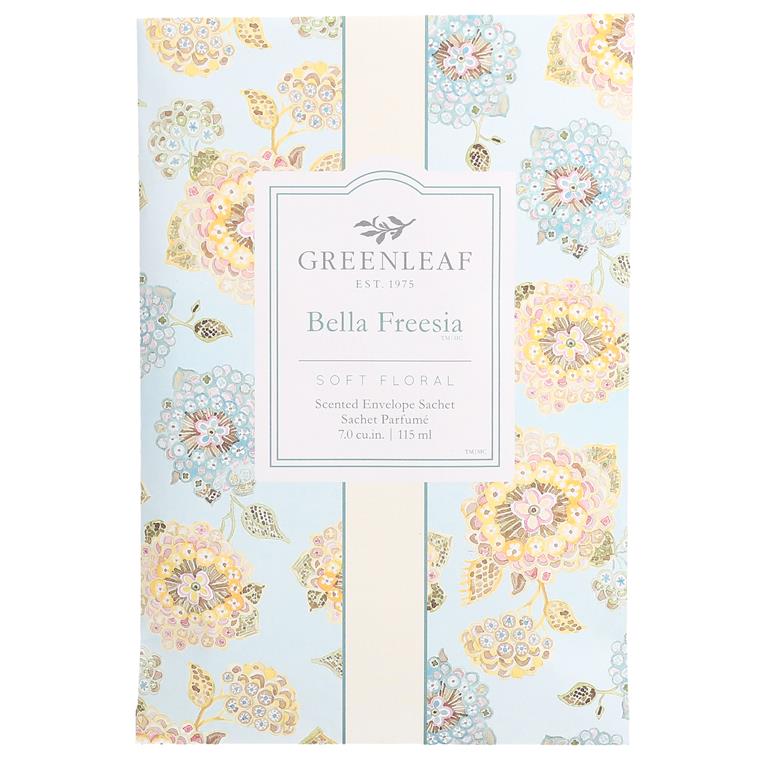 Greenleaf Bella Freesia large sachet featuring a soft floral design with elegant branding, displayed on a white background.