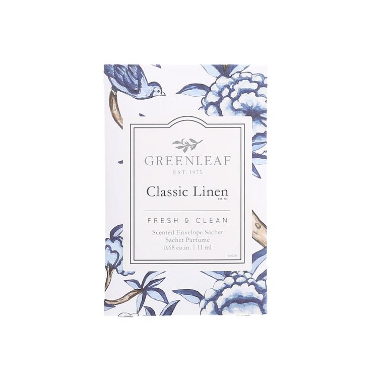Greenleaf Classic Linen small sachet with a clean, soft blue and white pattern that evokes fresh laundry and crisp air, displayed on a white background.