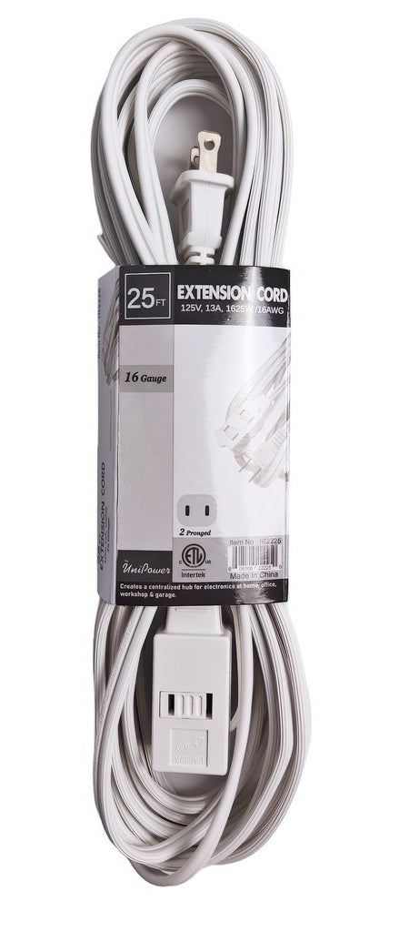 25 Feet 2 Conductor Indoor Extension Cord, UL Certified