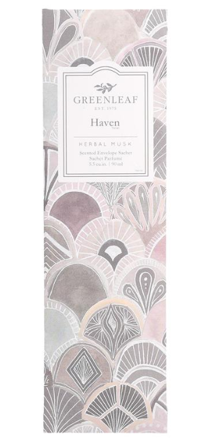 Greenleaf Haven slim sachet in a teal-toned packet featuring serene leaf motifs on a white background.