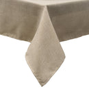 Close-up of a rectangular tablecloth in a light beige, linen-like textured polyester fabric, draped over a corner.
