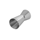 Double-sided stainless steel jigger with 1.5 oz and 0.5 oz capacity markings, set on a white background.