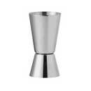 Double-sided stainless steel jigger with 1.5 oz and 0.5 oz capacity markings, set on a white background.