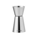 Double-sided stainless steel jigger with 1.5 oz and 0.5 oz capacity markings, set on a white background.