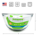 Clear 4-quart glass mixing bowl with smooth round shape on a white background.