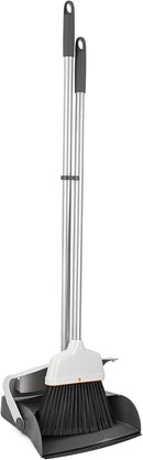 Grey Superio Upright Broom and Dustpan Set standing upright on a white background.