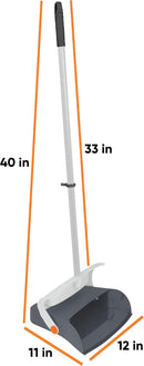 Grey Superio Upright Broom and Dustpan Set standing upright with dimensions on a white background.