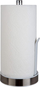 A vertical, freestanding paper towel holder with a polished stainless steel central pole and base rim, and a white base plate and tension arm.