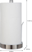 A vertical, freestanding paper towel holder with a polished stainless steel central pole and base rim, and a white base plate and tension arm.