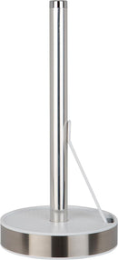 A vertical, freestanding paper towel holder with a polished stainless steel central pole and base rim, and a white base plate and tension arm.