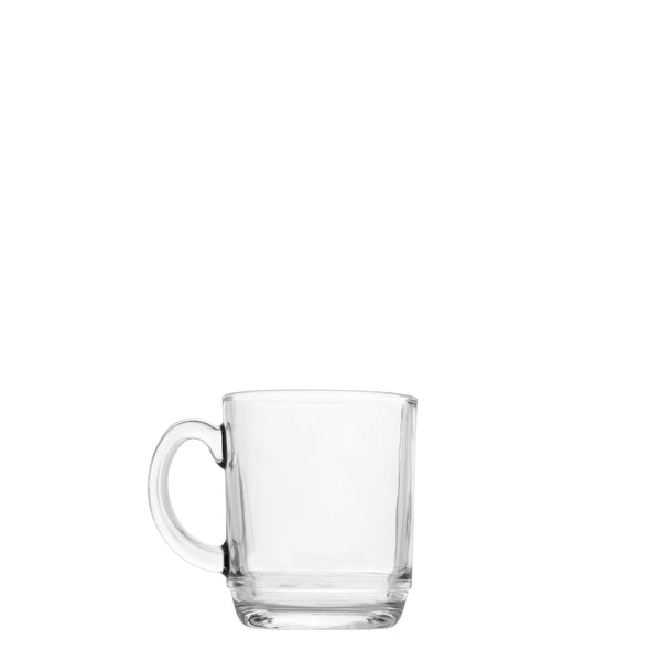 Clear glass coffee mug with a sturdy handle and a thick base, isolated on a white background.