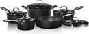 A 10-piece black speckled cookware set including saucepans, a stockpot, and a frying pan, all with stainless steel handles and clear glass lids.