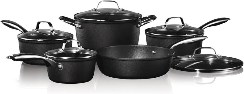 Upgrade your kitchen with the Starfrit The Rock Diamond 10-piece cookware set, engineered for exceptional performance and long-lasting durability. Made from forged aluminum and enhanced with advanced Rock.Tec surface technology, each piece boasts superior non-stick properties and ultimate scratch resistance — even when using metal utensils. The set includes a versatile selection of pots and pans with tempered glass lids, all compatible with gas, electric, ceramic, and halogen stovetops. Stainless steel hand