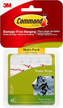 A multi-pack box containing 48 small, white Command adhesive strips for damage-free poster hanging.