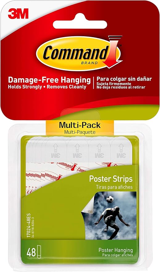 Pack of 48 white Command Poster Strips displayed on a white background, showing adhesive strips for damage-free wall hanging.