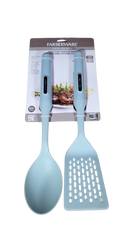 Farberware Professional Slotted Turner and Basting Spoon set in light blue silicone, presented on its original retail packaging card. The packaging features the Farberware logo and an image of cooked food.