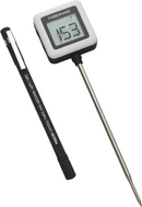 A close-up of the Farberware Protek instant-read thermometer, featuring a white and black display unit showing a clear digital reading and a separate black probe cover with printed temperature recommendations for poultry and ground meats.