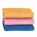 Stack of three absorbent microfiber cleaning cloths in orange, pink, and blue, with a smooth texture.
