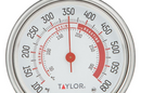 Close up of the Taylor large dial oven thermometer's 3.25-inch face, standing on a white background.