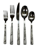 A 20-piece cutlery set with matte stainless steel heads and white resin handles with a gray marble pattern. The set includes forks, knives, and spoons.