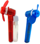 Two portable handheld misting fans, one red with a white water bottle attached, and one blue. Both have matching colored fan blades.