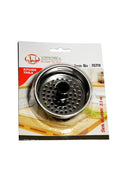 Round metal sink strainer for standard kitchen sinks, with a fine mesh basket, packaged for sale