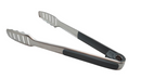This is a pair of kitchen tongs, likely made of stainless steel, with black non-slip grips on the handles for comfortable use. The ends of the tongs are slotted, making them suitable for draining liquids when grasping food. There's also a visible locking mechanism at the end of the handle, indicating they can be closed for compact storage.