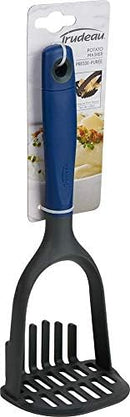 Blueberry and grey silicone potato masher with ergonomic handle in it's original packaging.