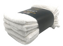 Set of five 12" x 12" white cotton towels neatly stacked on a white background.