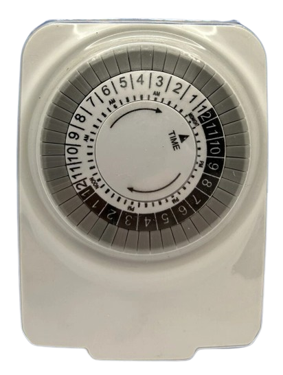 Bright-Way white indoor plug-in timer with 24-hour on/off dial and Type A plug, shown on a white background.