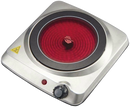 A silver, square-shaped, single-burner electric cooktop. The black ceramic glass burner is glowing red, with a "hot surface" warning icon in the center. A red power indicator light and a temperature control knob are located on the front of the unit. The background is a black and gray checkered pattern.