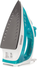 Dominion advanced teal steam iron with non-stick soleplate and ergonomic handle on a white background.