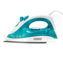 Dominion advanced teal steam iron with non-stick soleplate and ergonomic handle on a white background.