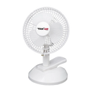 A white, 6-inch electric fan with a grill, attached to a base that can be used on a tabletop or clipped onto a surface.