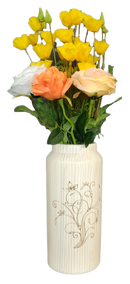  9-inch cream porcelain vase with white and gold vertical stripes, displayed on a white background.