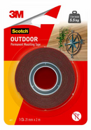 3M Scotch Outdoor Permanent Mounting Tape, 21 mm x 2 m roll, heavy duty double-sided adhesive, holds up to 5.5 kg, weather resistant.