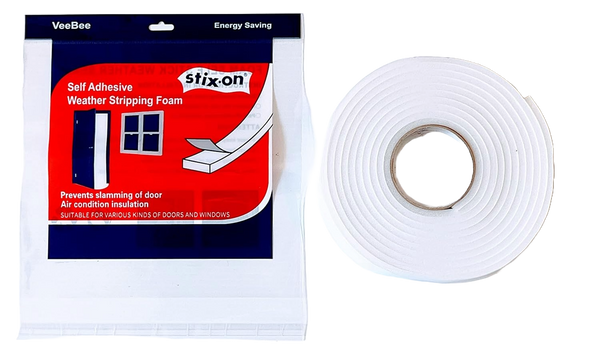 Roll of white sponge foam weatherstripping tape with adhesive backing, measuring 1 inch wide by 1/4 inch thick, shown on a white background.