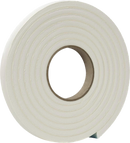 A roll of white, self-adhesive foam weather stripping shown next to its packaging, labeled for energy saving and suitable for doors and windows.