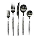 Modern flatware set with silver-toned heads and white and gray marble-patterned handles.