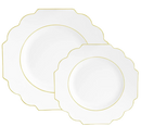 Elegant white scalloped plastic dinner and salad plate set with gold trim, perfect for weddings, fine dining, and special occasions. Stylish and sophisticated design for a luxurious table setting.