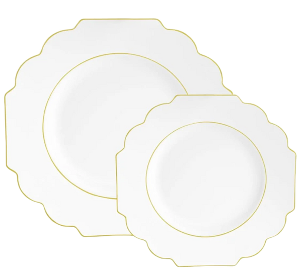 Elegant white scalloped plastic dinner and salad plate set with gold trim, perfect for weddings, fine dining, and special occasions. Stylish and sophisticated design for a luxurious table setting.