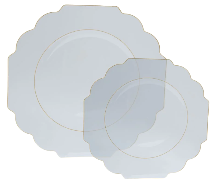 8.5" Scalloped White Clear Salad / Dessert Plates with Gold Trim 10 Pack