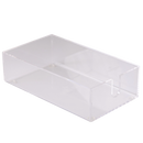 Clear acrylic guest napkin holder with clean lines and polished edges, shown with white napkins on a white background.